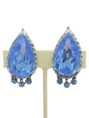Vintage Large Art Deco Style Sapphire Blue Rhinestone Clip On Earrings